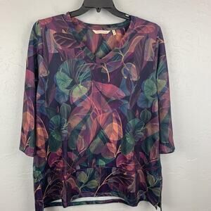 Soft Surroundings Purple and Green Leaf Print Blouse